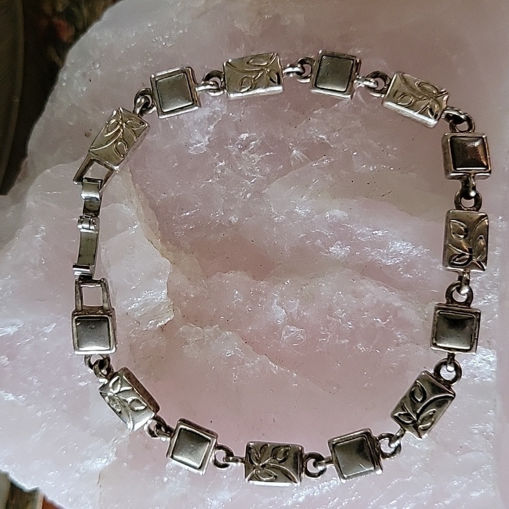 Silver Engraved Leaf Pattern Rectangle Square Lin… - image 4